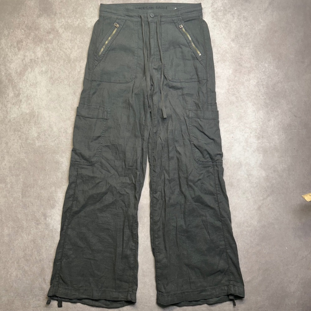American Eagle Dreamy Drape Baggy Wide Leg Cargo Pants Gray Linen Blend 6 Reg